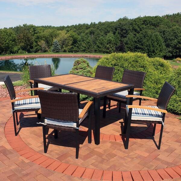Shop Sunnydaze Carlow 7 Piece Rattan And Acacia Patio Set Dark Brown Blue Stripe Overstock 31953640