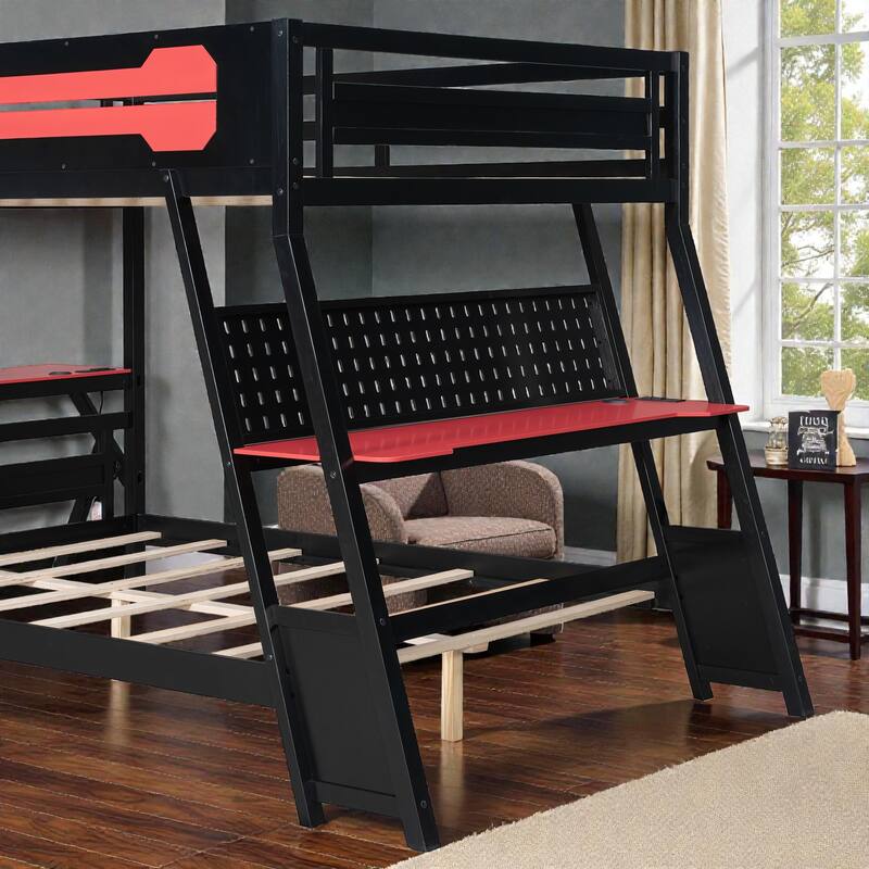 Twin/Full Gaming Bunk Bed with Dual Desks, USB Charging Ports and Pegboard Organizer, Gamer Bunk Frame