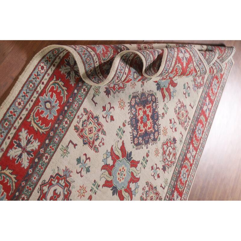 Hand Knotted Oriental 100% Wool Carpet Traditional Geometric Beige & Ivories Kazak Area Rug - 8' 11'' X 5' 11''