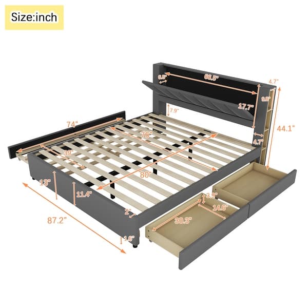 dimension image slide 0 of 2, Upholstery Platform Bed with Storage Headboard, 2 Drawers and Trundle