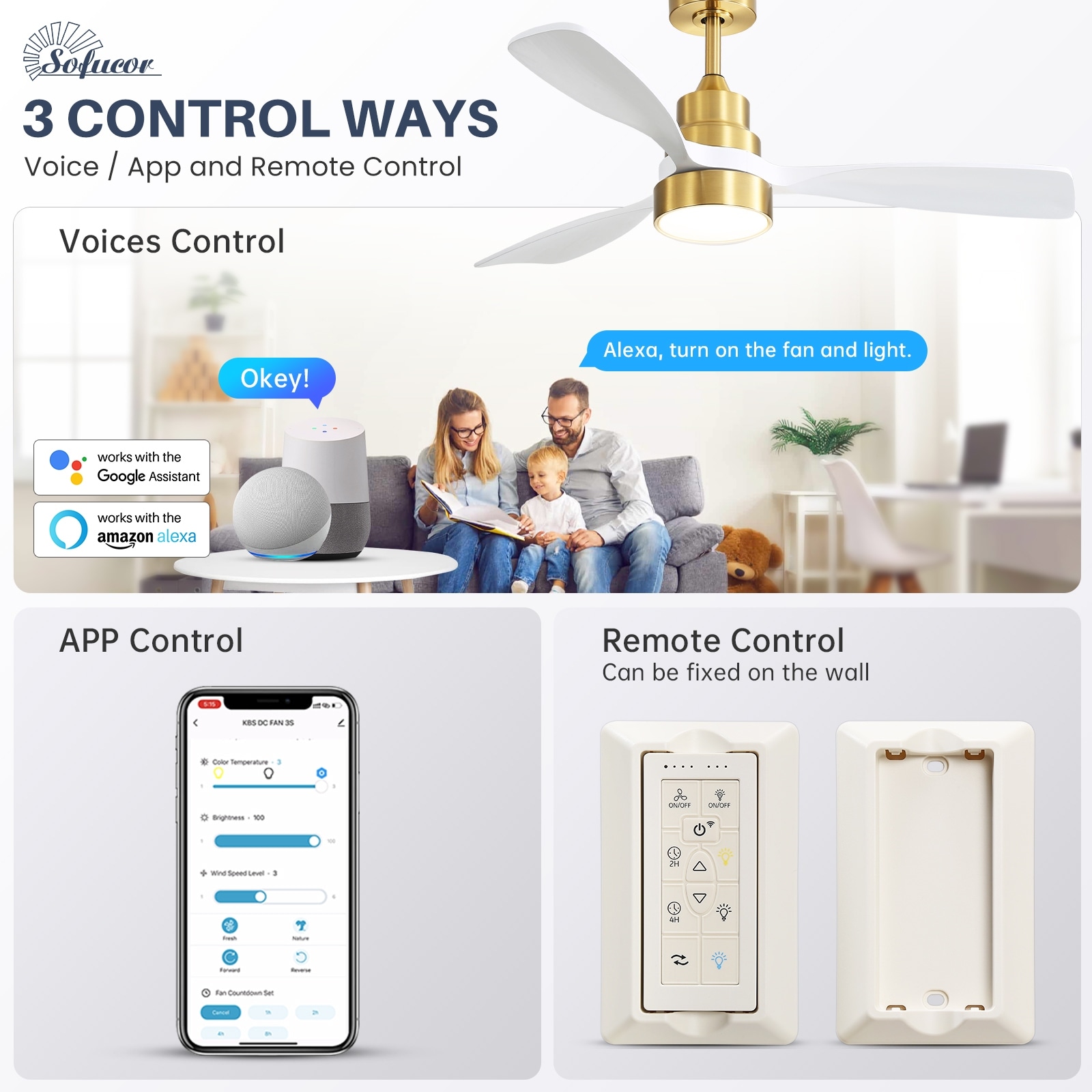 Sofucor 84 Inch Smart Ceiling Fan With Light - APP Control, Remote, Timer, Works With Alexa/Google