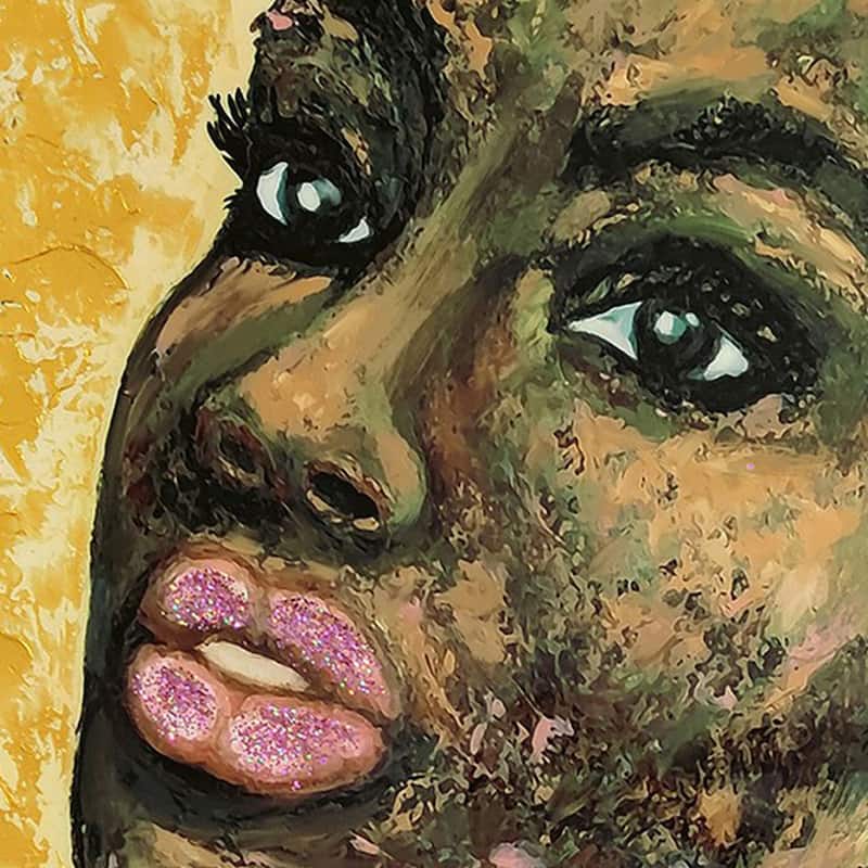 Rin 30 x 39 Hand Painted African Woman, Resin Coat, Warm Greens and Yellows - Gold, Green, Pink, Black