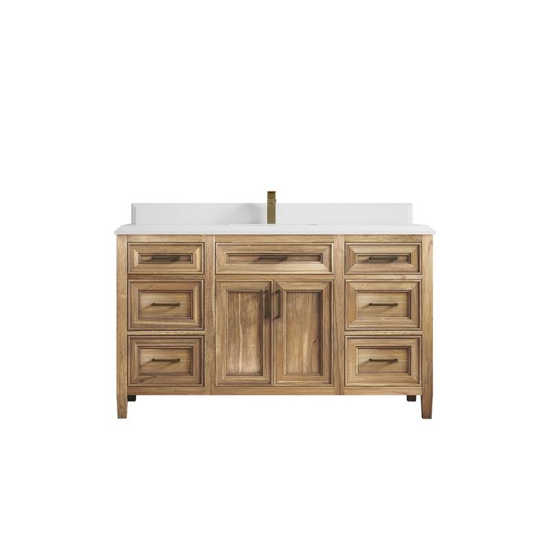 Willow Collections 60 in. W x 22 in. D Santa Monica Teak Single Sink Bathroom Vanity with Countertop - 1.5" White Quartz - Whitewashed Teak