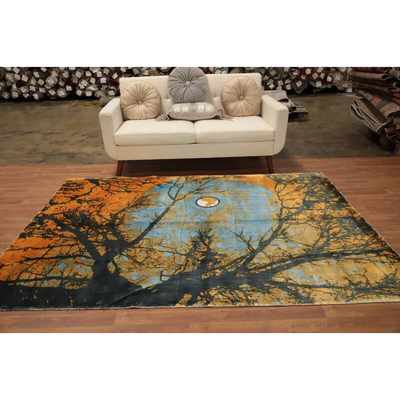 Hand Knotted Oriental Viscose Silk Carpet Modern Pictorial Oranges & Rust Abstract Area Rug - 7' 10'' X 5' 8''
