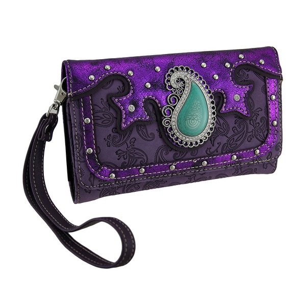 Paisley Motif Studded Metallic Trim Flocked Western Wallet w/Removable Strap