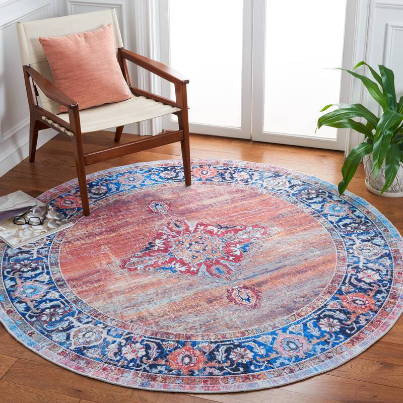 SAFAVIEH Serapi Machine Washable Wilhelmine Distressed Rug - 6'7" Round - Rust/Navy