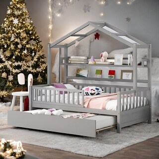 Twin Size Wooden House Bed Kids Bed with Trundle and Shelf for Home
