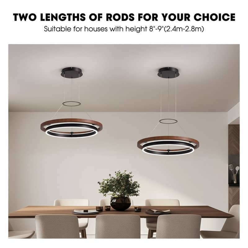 23.6 in. Modern Farmhouse Chandelier 2-Tier Round Ring Walnut LED Wooden Pendant Light for Kitchen Island