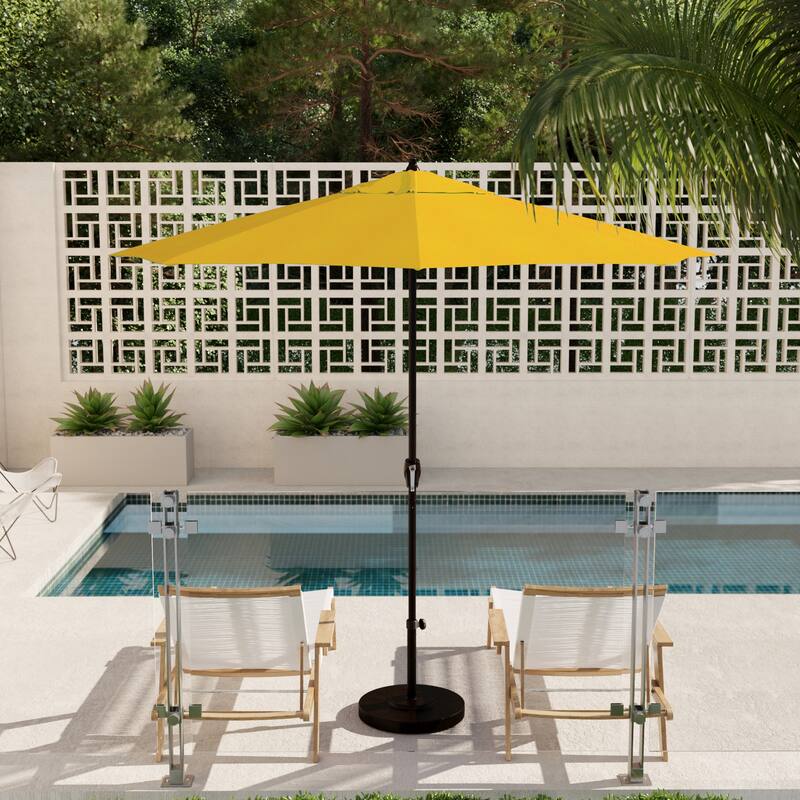 California Umbrella 9' Round Crank Lift Auto Tilt 8 Rib Aluminum Patio Umbrella, Bronze Finish, Pacifica Pacific Blue Fabric - Yellow