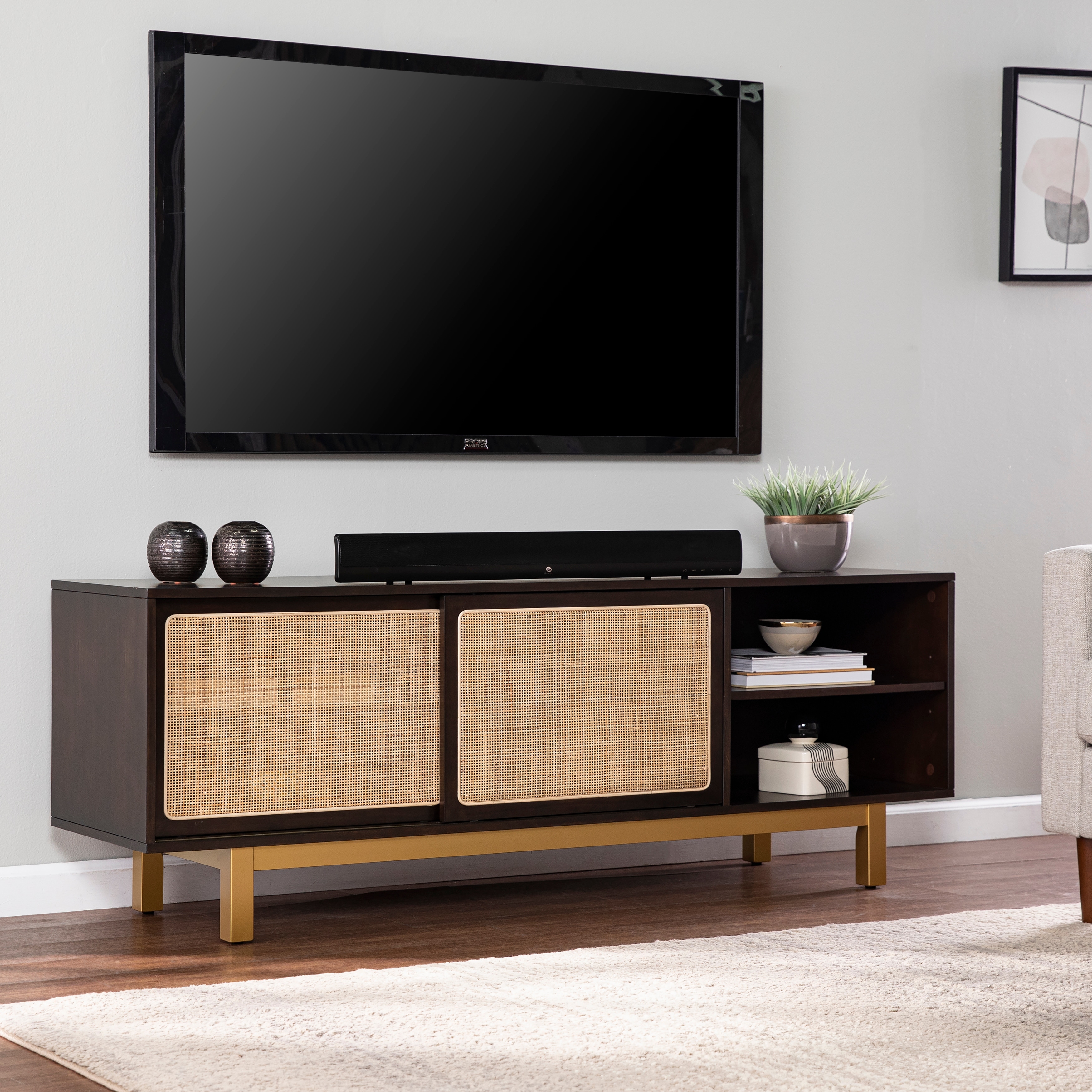 SEI Furniture Transitional Brown Wood Rattan Media TV Stand for TV's up to 62"