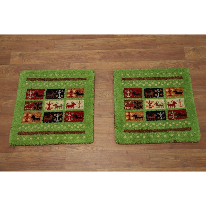 Hand Knotted Oriental 100% Wool Carpet Tribal Animal Pictorial Green Gabbeh Area Rug - 1' 4'' X 1' 4''