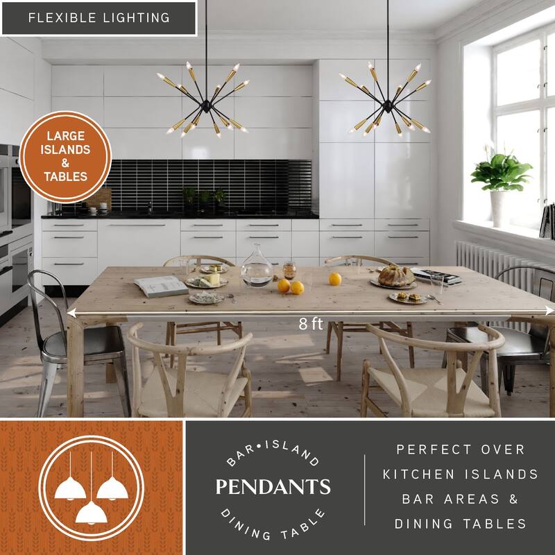 Ellis 12L Black and Brass Sputnik Mid-Century Modern Pendant Light - 25.25-in W x 23.75-in H x 25.25-in D