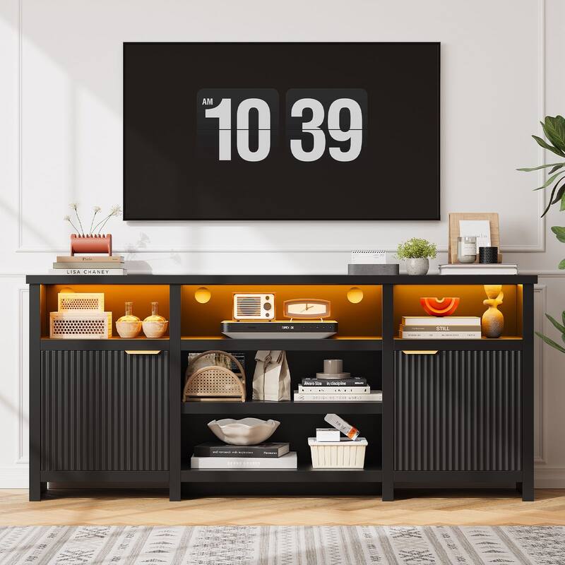 Gyomojoy 71" LED Farmhouse TV Stand for 75-85 Inch TV, Modern Boho Media Console with RGB Lights, 2 Doors & Adjustable Shelves. - Black. - 71"W.
