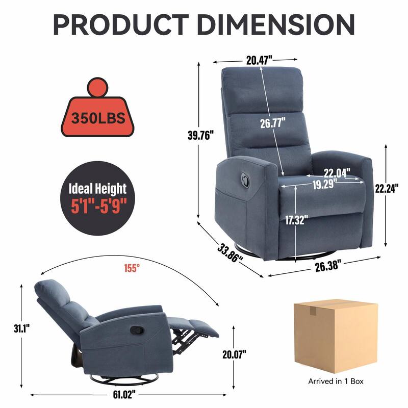 Manual Recliner Chair with Rocker and Swivel in Fabric for Living Room
