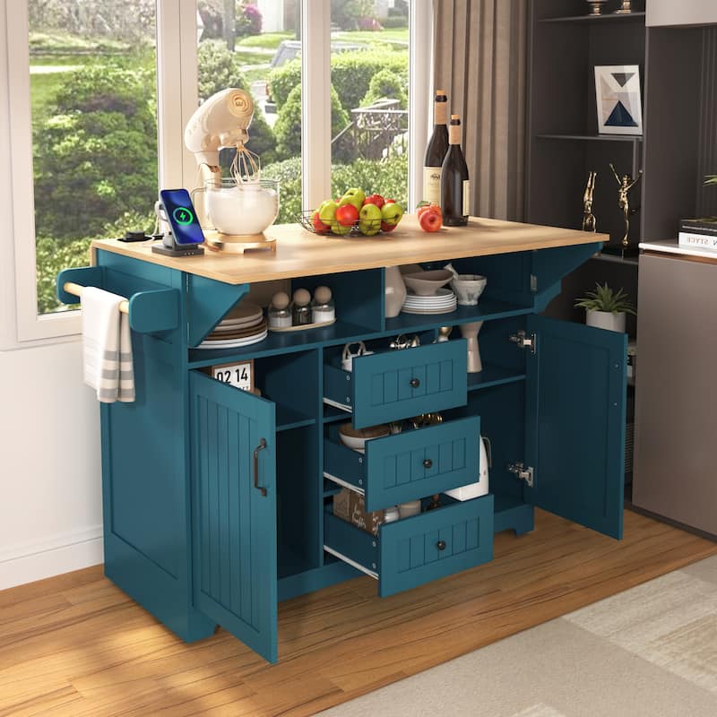 55 Inch Kitchen Island Green 2 Drop Leaves 3 Drawers Power Outlet 5-Wheel