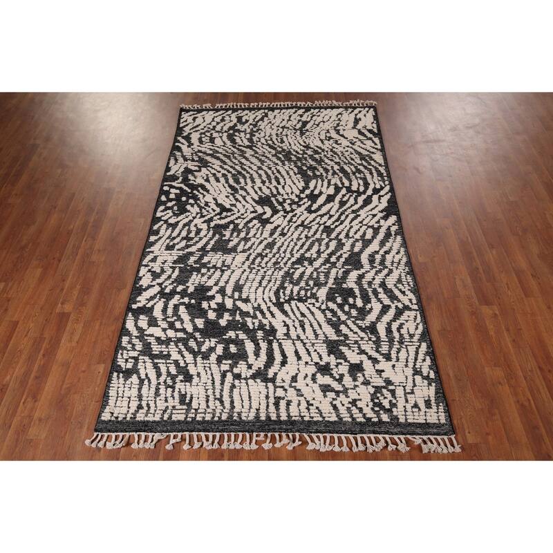 Black Ivory Moroccan Abstract Area Rug Hand-Knotted Wool Carpet - 5'0"x 8'5"