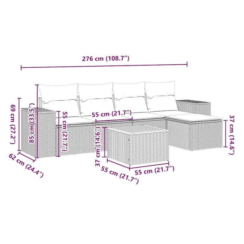 vidaXL Patio Sofa Set with Cushions Outdoor Furniture 6 Piece Poly Rattan - 21.7 x 24.4 x 27.2