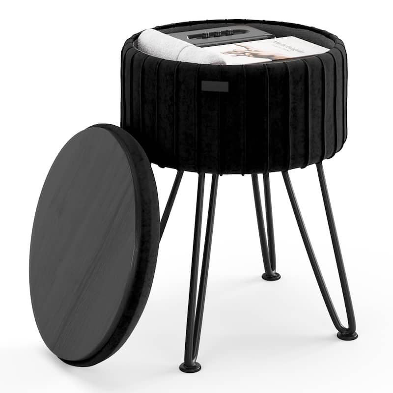 Emperyan Pleated Velvet Storage Ottoman, Modern Ottomans for Living Room and Bedroom - 17" x 13" - Black/Black Legs