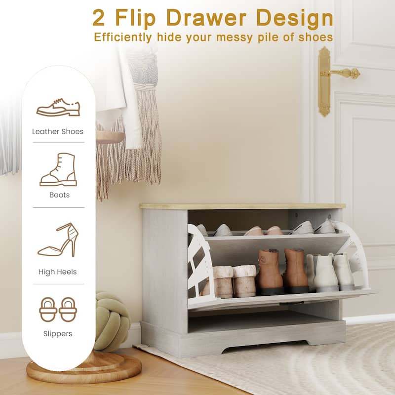 Flip-Drawer Shoe Bench with Adjustable Shelf