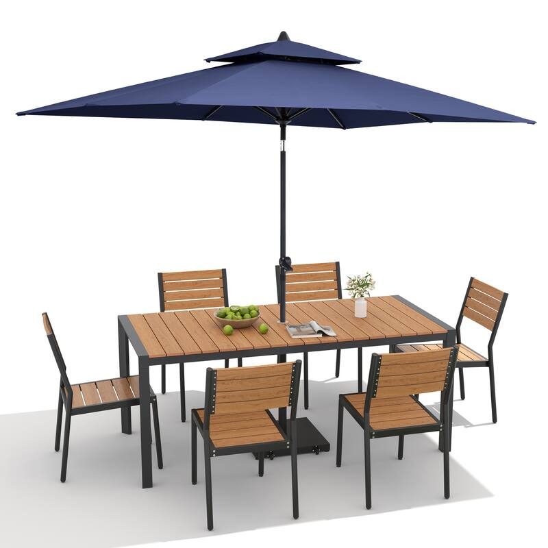 9/11-Piece Outdoor Dining Set Aluminum Table and Stackable Chairs w/10 ft Umbrella and Base