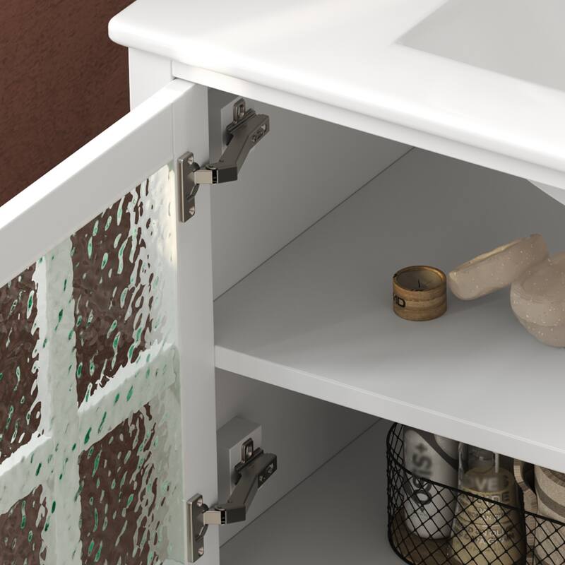 36" Storage Cabinet for Bathroom Vanity with Sink, Textured Glass Doors, Open Shelf, Silver Metal Knobs and Adjustable Shelf
