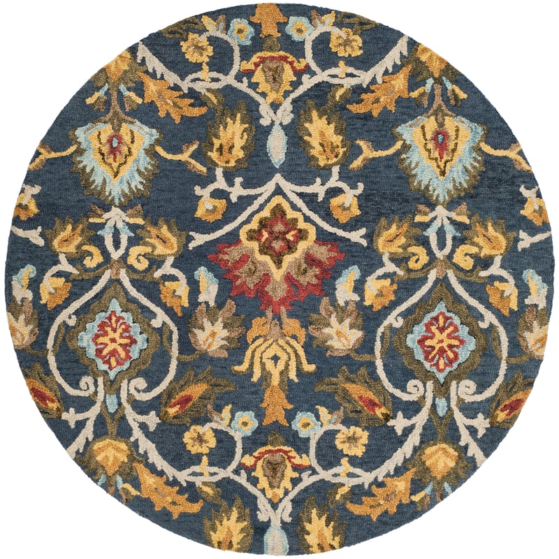 SAFAVIEH Fiorello Handmade Blossom French Country Wool Area Rug - 8' Round - Navy/Multi
