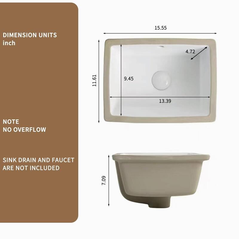 Rectangle Undermount Bathroom Sink - Under Counter Vanity Sink, White Porcelain Basin with Opening Size