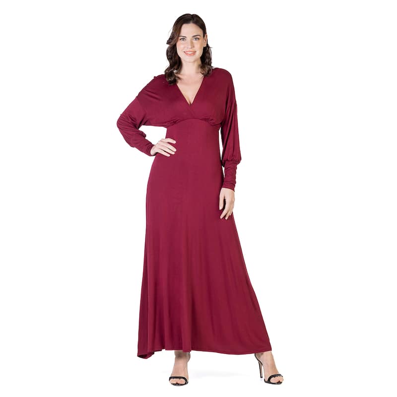 24seven Comfort Apparel V-Neck Long Sleeve Maxi Dress - Red - XL