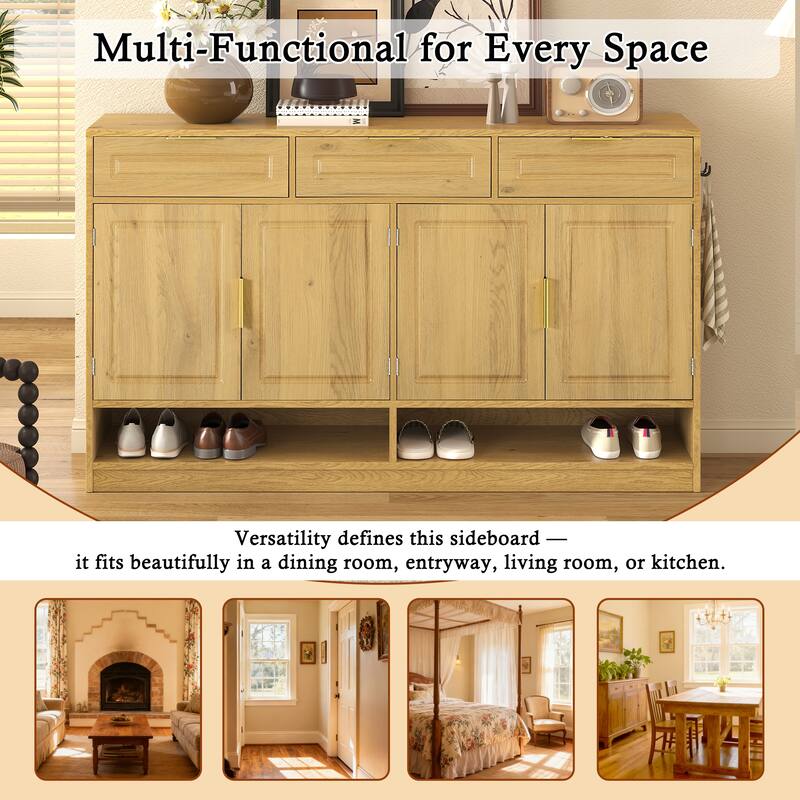 Roomfitters 59.1" Farmhouse Sideboard Buffet Cabinet with 3 Drawers and 4 Doors, Kitchen Storage with Open Shelf