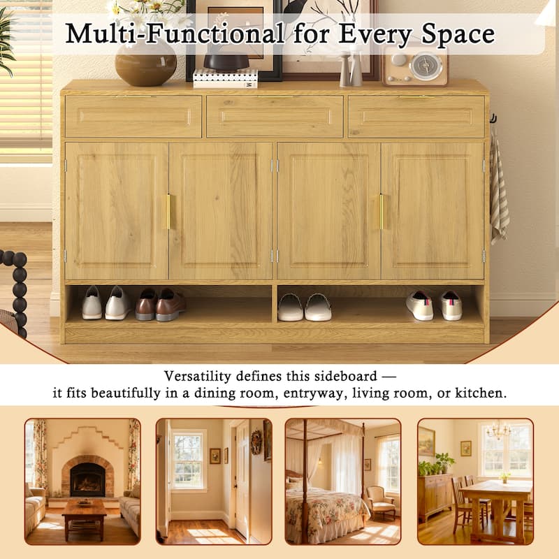 Sideboard with 4 Doors & 3 Drawers, Buffet Cabinet with Adjustable Shelf & Open Shelf, Multi-Functional Wooden Storage Cabinet