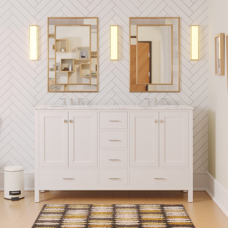 KitchenBathCollection Horizon 60" Double Bathroom Vanity with Engineered Carrara Top - White