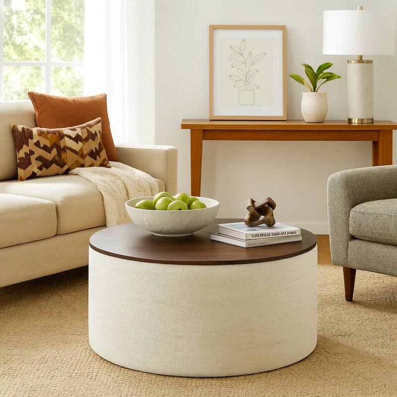 Mesy Storage Ottoman, 30 Inch Round Lift Tray Top, Ivory Woven Fabric