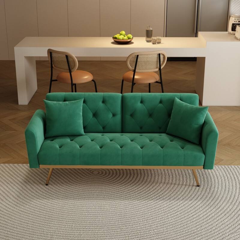 Sofa Bed 68.3" Velvet Tufted Back Convertible Sofa - Green