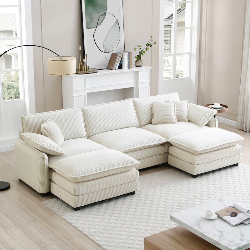 5-Piece Corduroy U-Shaped Modular Sectional Sofa with 2 Ottomans - Beige