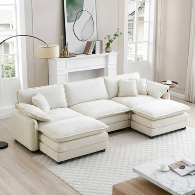 Deep Seat U-shaped Chaise Sectional Couch Corduroy Reclining Sofa with 2 Ottomans and Double-layer Cushions, for Living Room