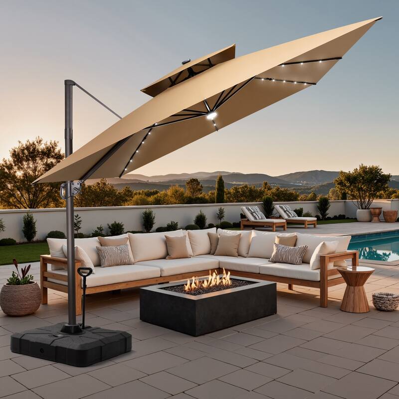 11 FT Square Outdoor Patio Cantilever Umbrella with Solar Lights Rod Wheel Base Double Canopy 360 Rotation Tilt - Tan