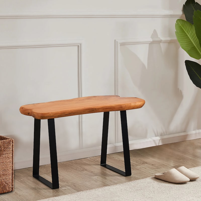 Greenage Live Edge Cut Cedar Roots Rustic Stool with Flat Iron Leg - 27.5" x 14" x 17.4"