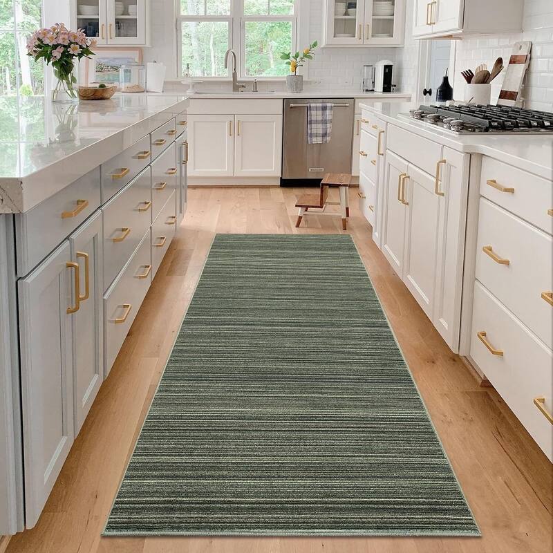 Modern Stripe Machine Washable Area Rug for Bedroom, Living Room, Green - 1'6" x 2'6"