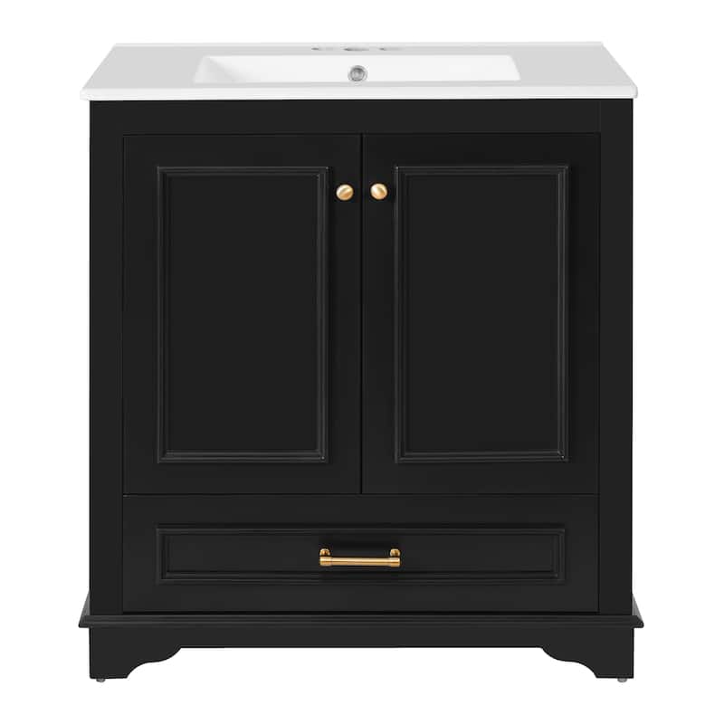 Luxurious 30" Bathroom Vanity with Ceramic Sink, 2 Soft Closing Doors & Solid Wood Frame Storage Cabinet