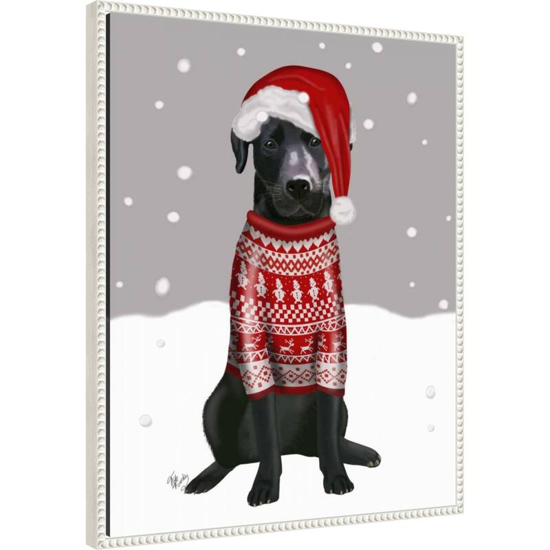 Black Labrador Christmas Sweater 1 by Fab Funky (23 x 28 in.), Framed Canvas Wall Art Print - Sylvie Beaded White