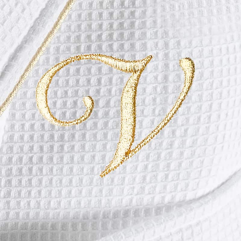 Authentic Hotel and Spa White/Gold Unisex Turkish Cotton Waffle Weave Terry Bath Robe with Gold Script Monogram