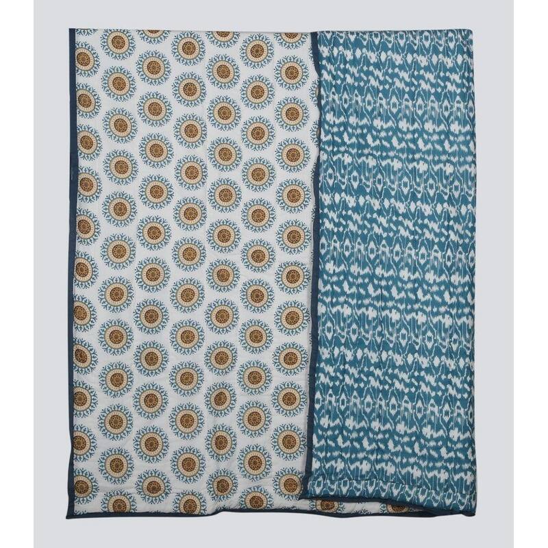 Timbergirl cotton handprinted teal floral quilt with 2 shams