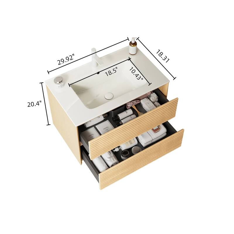 GDFStudio - Bron Modern Floating Bathroom Vanity with Integrated Rectangular Ceramic Basin and 2 Soft-Close Drawers