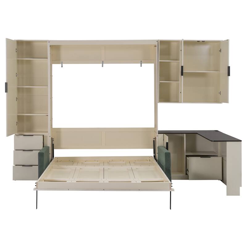 Queen Size Murphy Bed with Sofa, Space Saving Wall Bed with Desk Storage Shelves and Drawers for Home Office Pull Down Bed