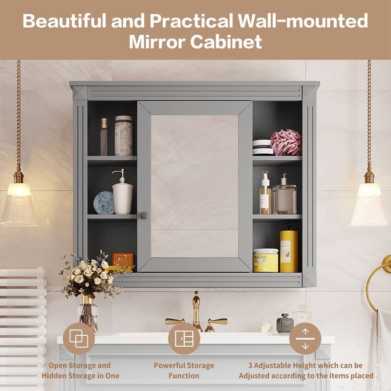 Mirror Cabinet with 6 Open Shelves, 35'' x 28'' Wall Mounted Bathroom Storage Cabinet, Grey