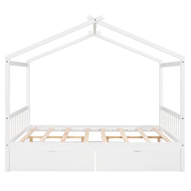 Full Size House Platform Bed with Storage Drawers, Roof, Headboard and Footboard