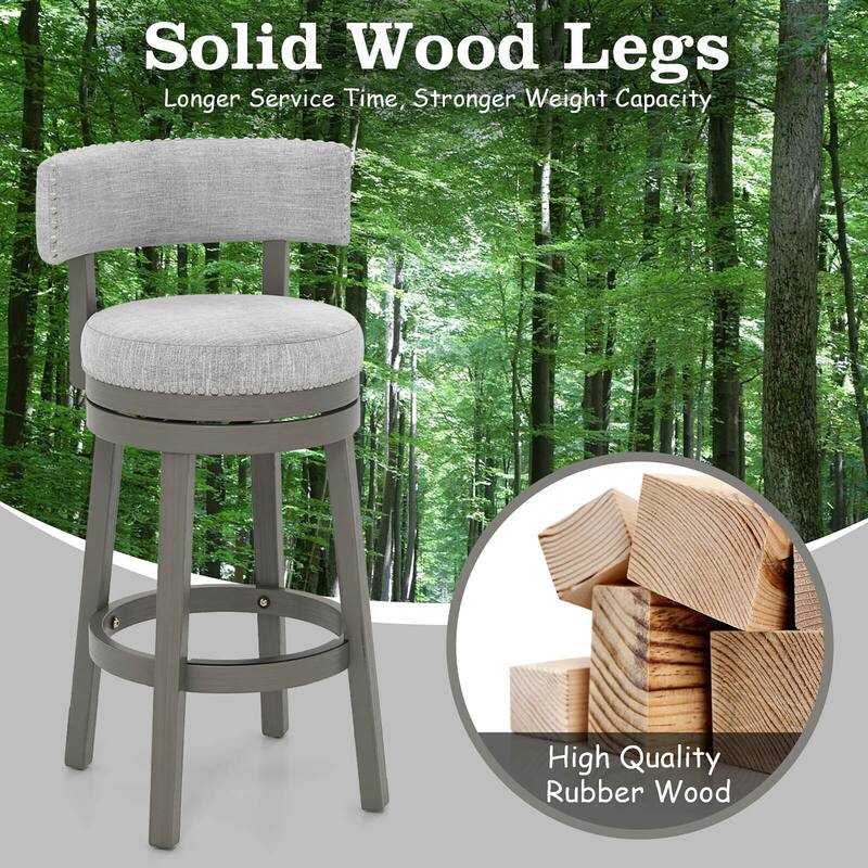 Gymax Set of 2 Upholstered Swivel Bar Stools Wooden Bar Height Kitchen