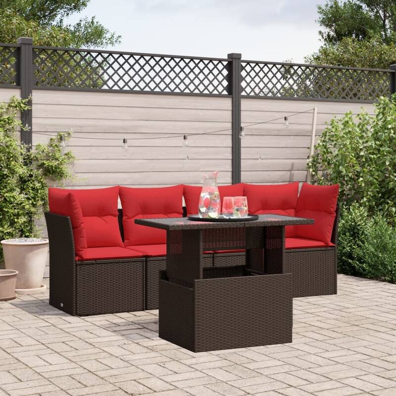 vidaXL Patio Sofa Set with Cushions Modular Outdoor Seating 5 Piece Poly Rattan - Brown without storage