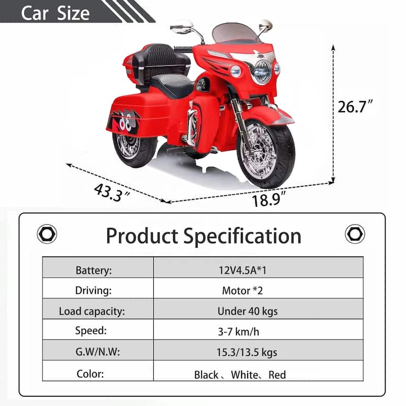 Kids 3-Wheel Motorcycle with Dual Seats, Ride-On Motorcycle Red Electric Motorcycle with LED Headlight