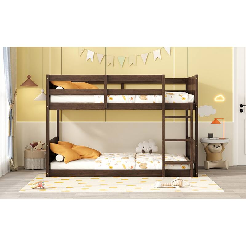 Roomfitters Twin over Twin Floor Bunk Bed with Panel Headboard and Footboard, Solid Rubber Wood Frame, Ladder
